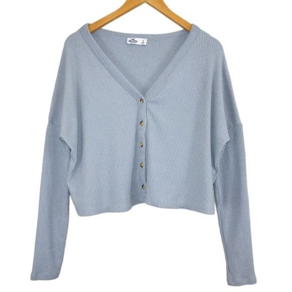 Hollister Ribbed Knit Cropped Cardigan Slouchy Button Front Gray Blue Size S